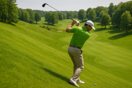 Golfeur ajustant son swing sur un green incliné avec pente montante