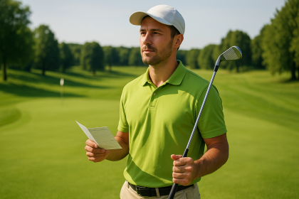 Un golfeur consultant son index officiel sur une tablette au club de golf