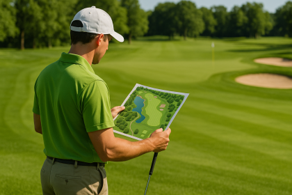 Golfeur analysant un parcours de golf avec sa carte