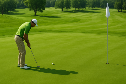 Golfeur analysant les pentes sur un green pour préparer son putting