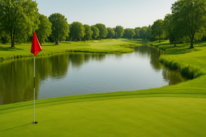 Ballon de golf proche d'un obstacle d'eau sur un parcours de golf